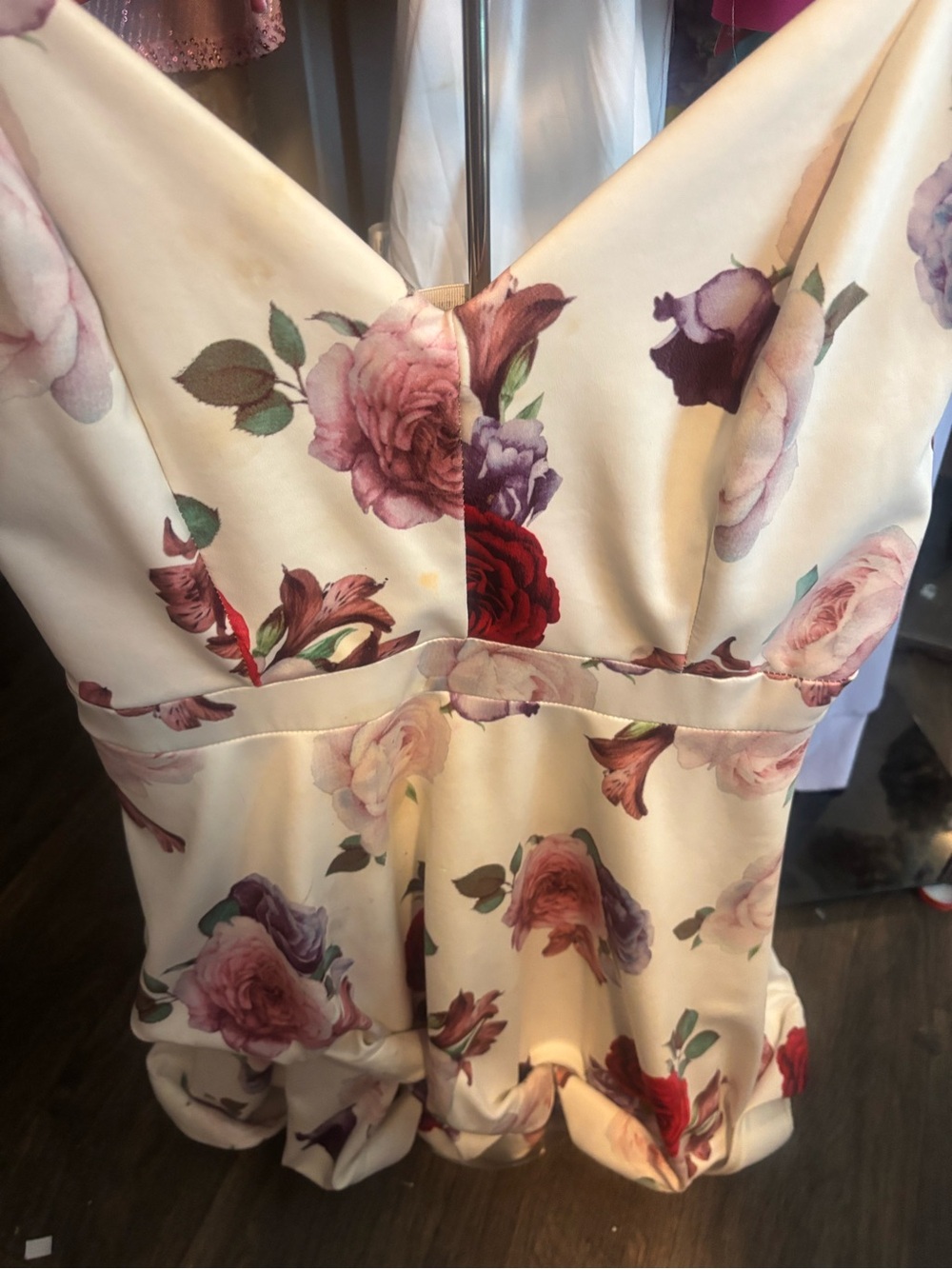 Floral V-Neck Satin Dress in Cream with Pink & Red Roses